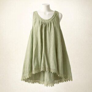 Sleeveless Green Italian Linen Boho Cottagecore Tunic with Crochet Lace Trim L